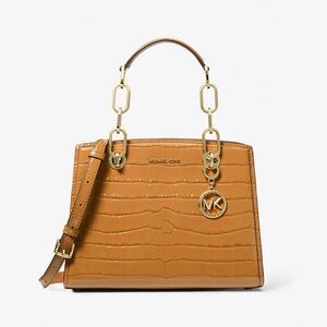 Michael Kors Cynthia Small Crocodile Embossed Leather Satchel - Pale Peanut